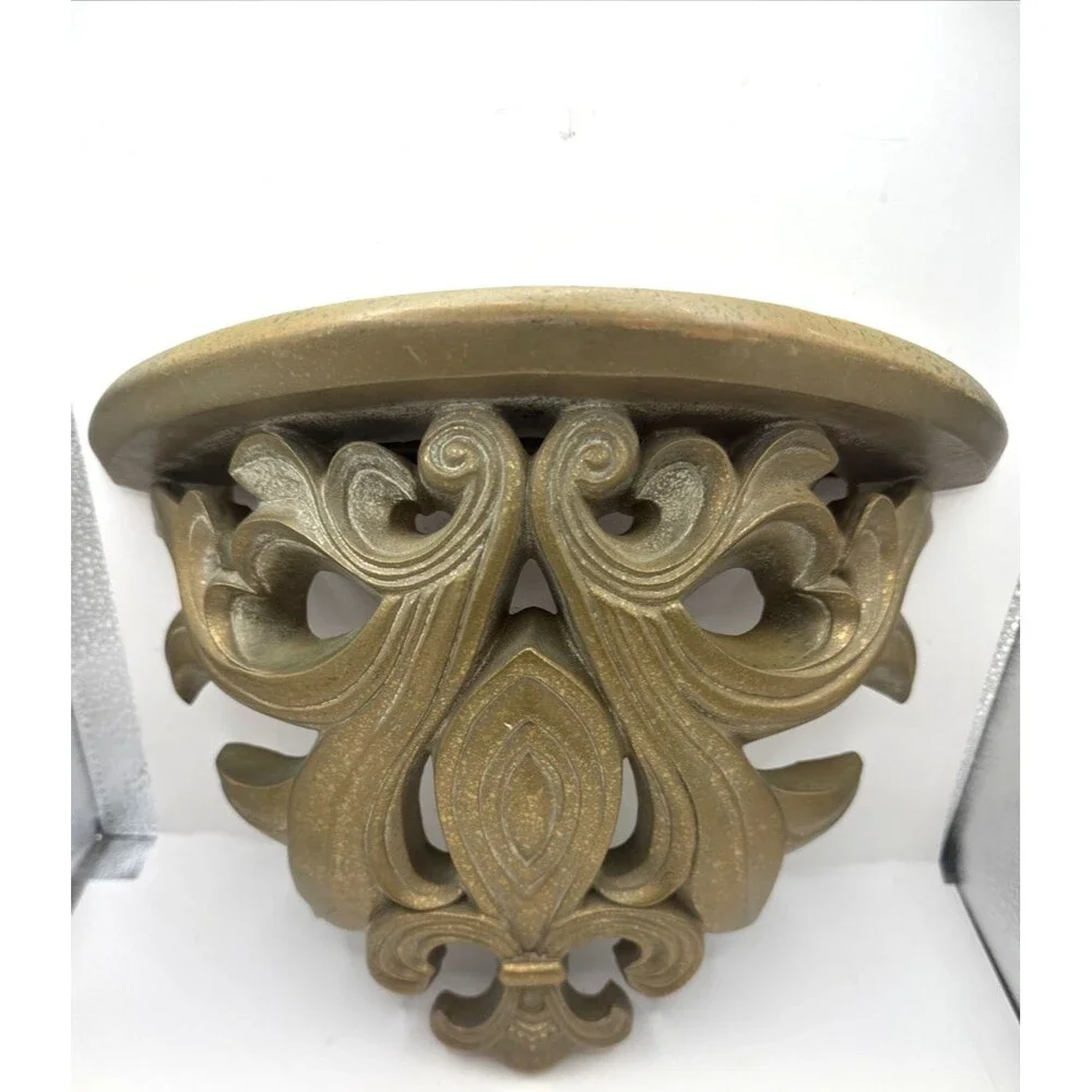 VTG Hollywood Regency Ornate Gold Fleur de lis  Scroll Wall Shelves  Sconces
